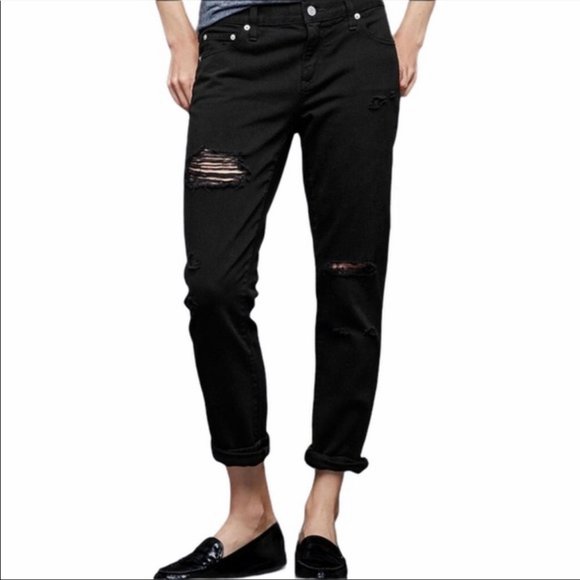 GAP Black Midrise Distressed Girlfriend Straight Leg Jeans Size 27R - Picture 1 of 8